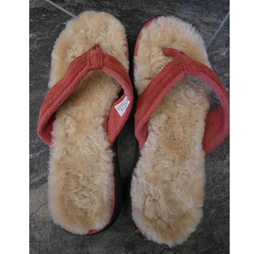 LL Bean Wicked Good Suede Shearling Flip Flop Slippers Womens 8 Pink Loungewear